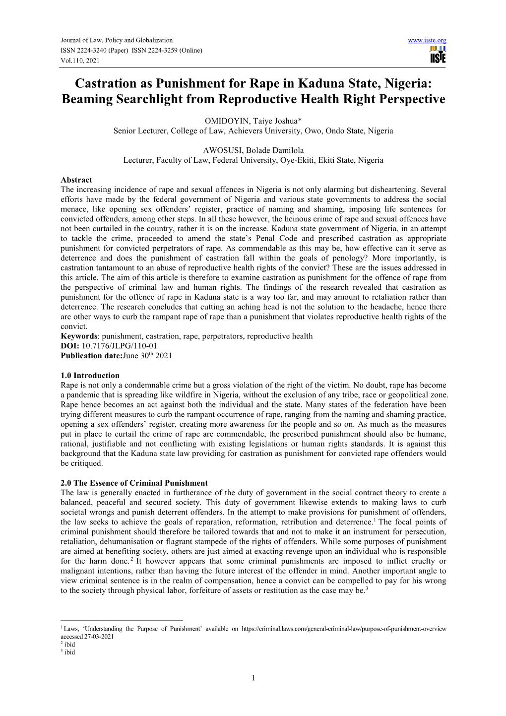 Castration As Punishment for Rape in Kaduna State, Nigeria: Beaming Searchlight from Reproductive Health Right Perspective