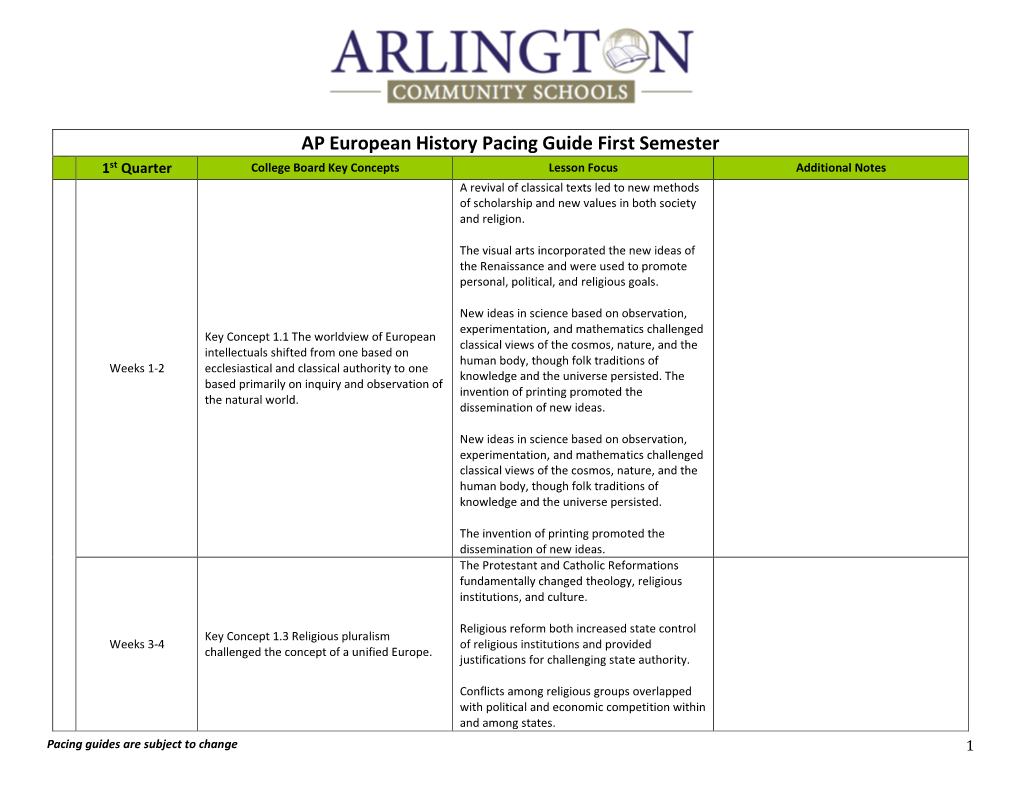 AP European History Pacing Guide First Semester