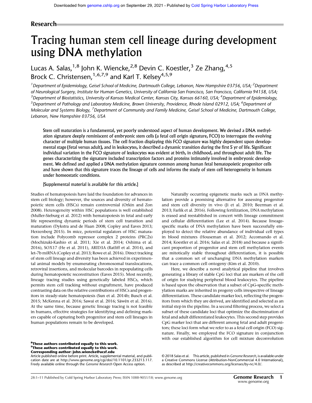 Tracing Human Stem Cell Lineage During Development Using DNA Methylation