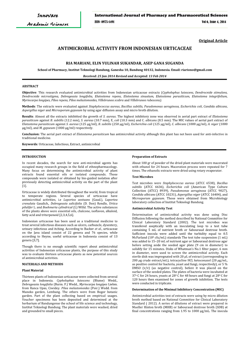 ANTIMICROBIAL ACTIVITY from INDONESIAN URTICACEAE Innovare Academic Sciences