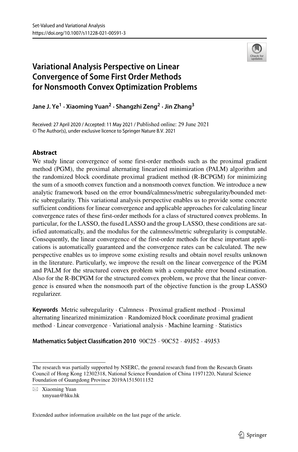 Variational Analysis Perspective on Linear Convergence of Some First Order Methods for Nonsmooth Convex Optimization Problems