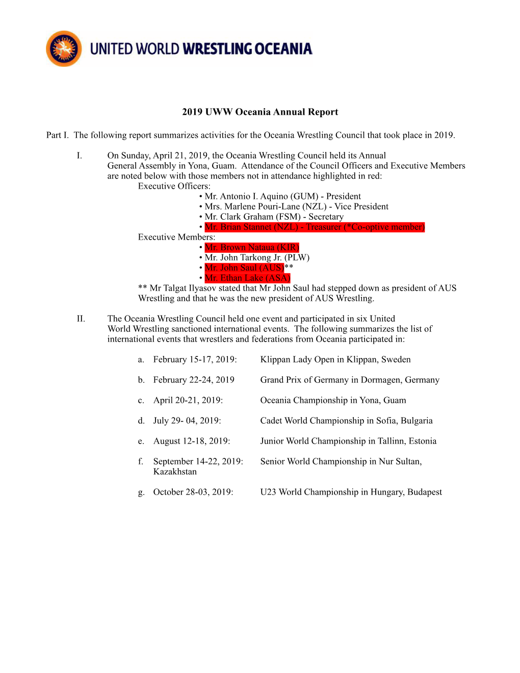 2019 UWW Oceania Wrestling Annual Report