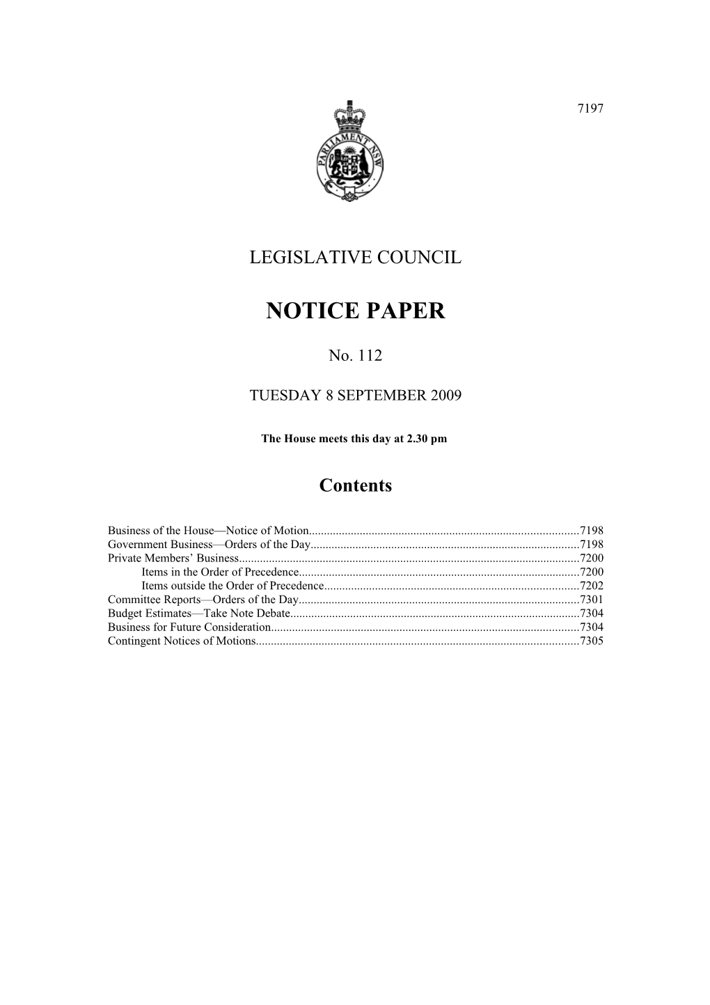 Legislative Council Notice Paper No. 112 Tuesday 8 September 2009