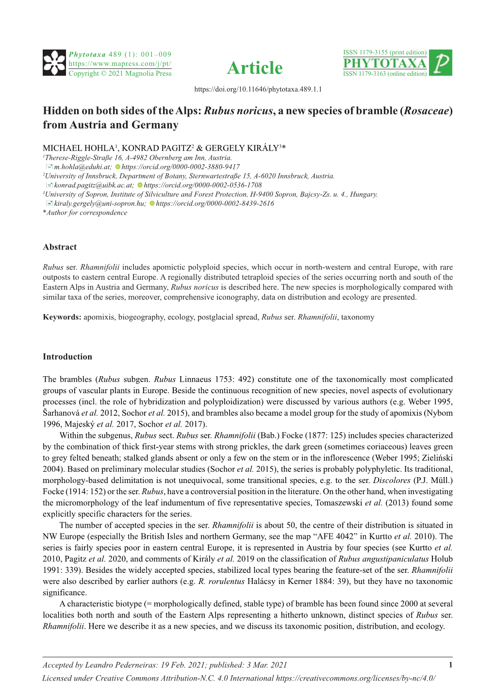 Rubus Noricus, a New Species of Bramble (Rosaceae) from Austria and Germany