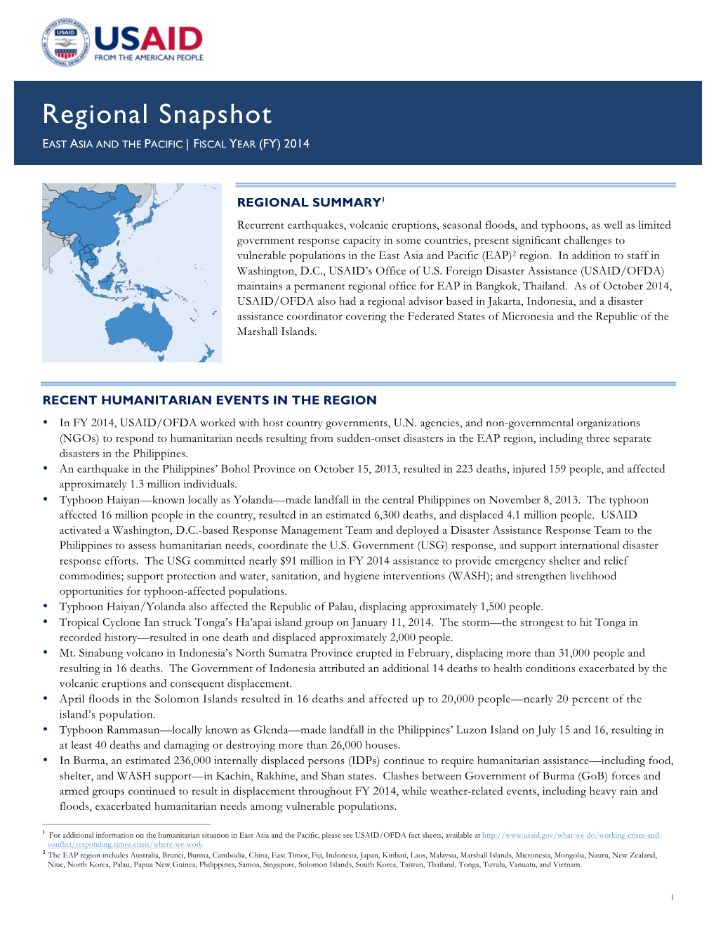 Regional Snapshot EAST ASIA and the PACIFIC | FISCAL YEAR (FY) 2014