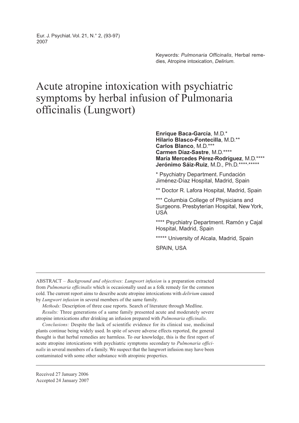 Acute Atropine Intoxication with Psychiatric Symptoms by Herbal Infusion of Pulmonaria Officinalis (Lungwort)