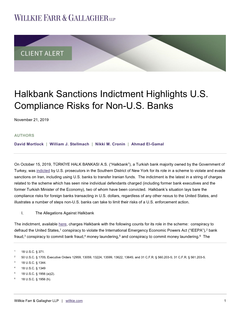 Halkbank Sanctions Indictment Highlights U.S. Compliance Risks for Non-U.S. Banks