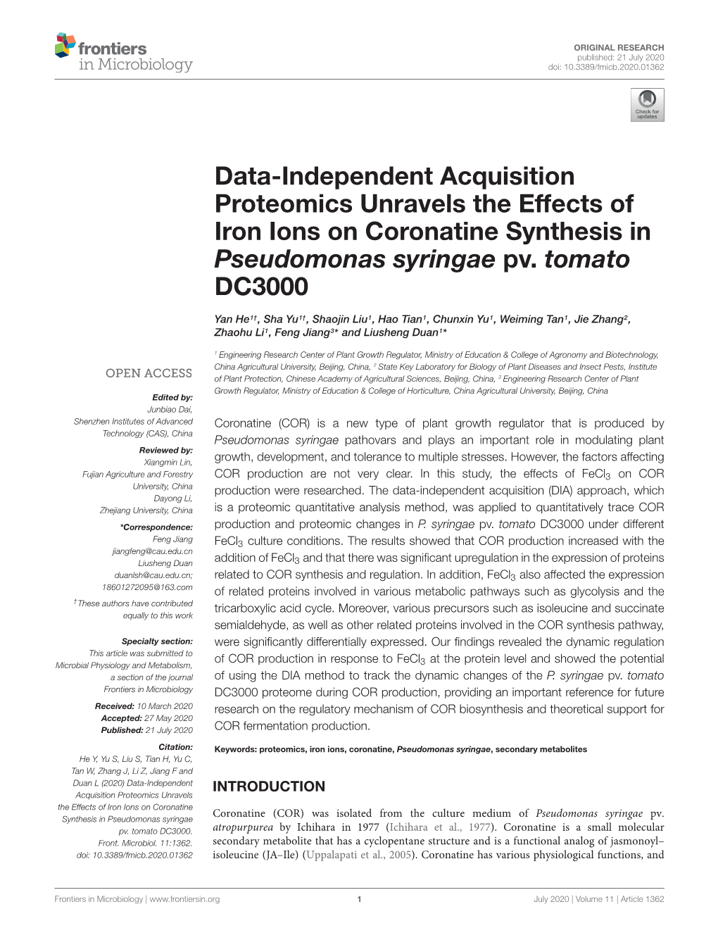 Data-Independent Acquisition Proteomics Unravels the Effects of Iron Ions on Coronatine Synthesis in Pseudomonas Syringae Pv