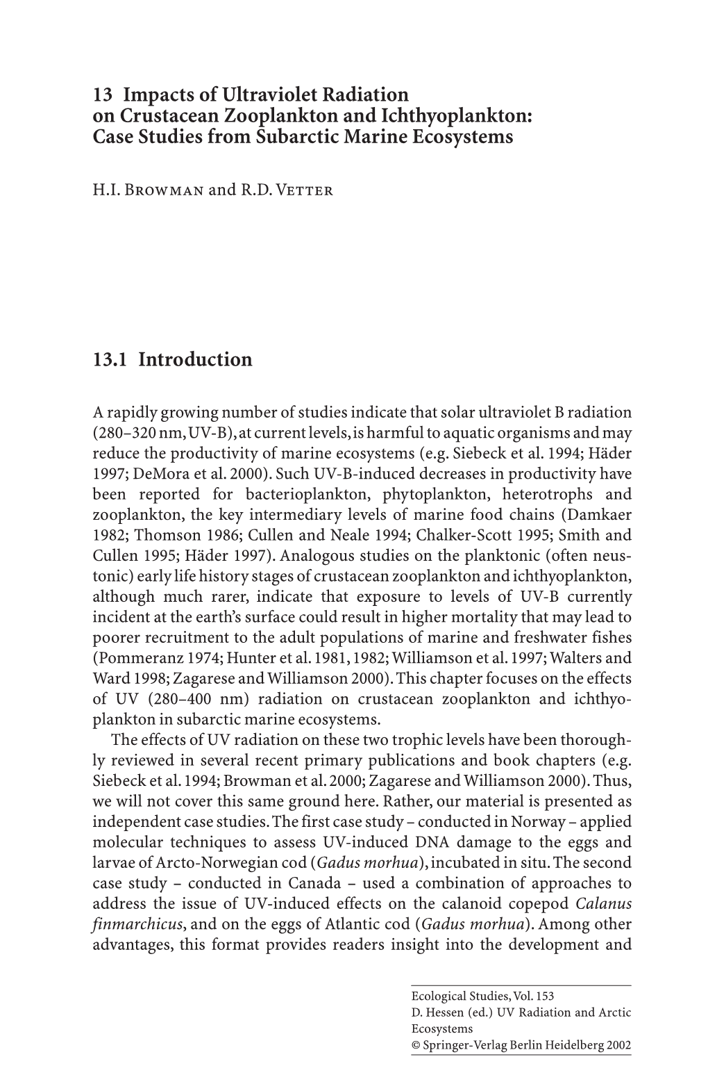 13 Impacts of Ultraviolet Radiation on Crustacean Zooplankton and Ichthyoplankton: Case Studies from Subarctic Marine Ecosystems