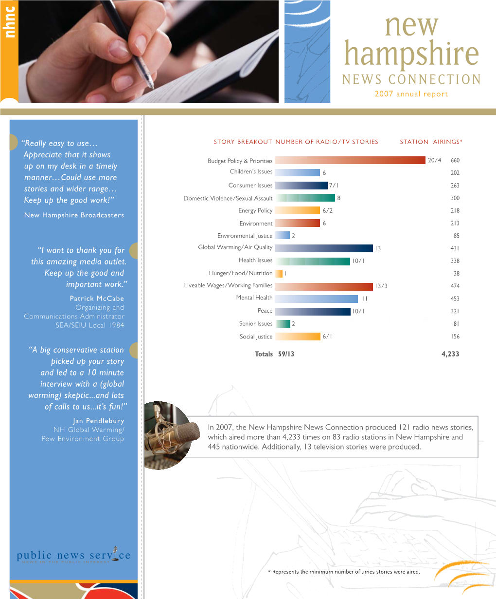 New Hampshire Broadcasters Environment 6 213 Environmental Justice 2 85 “I Want to Thank You for Global Warming/Air Quality 13 431 This Amazing Media Outlet