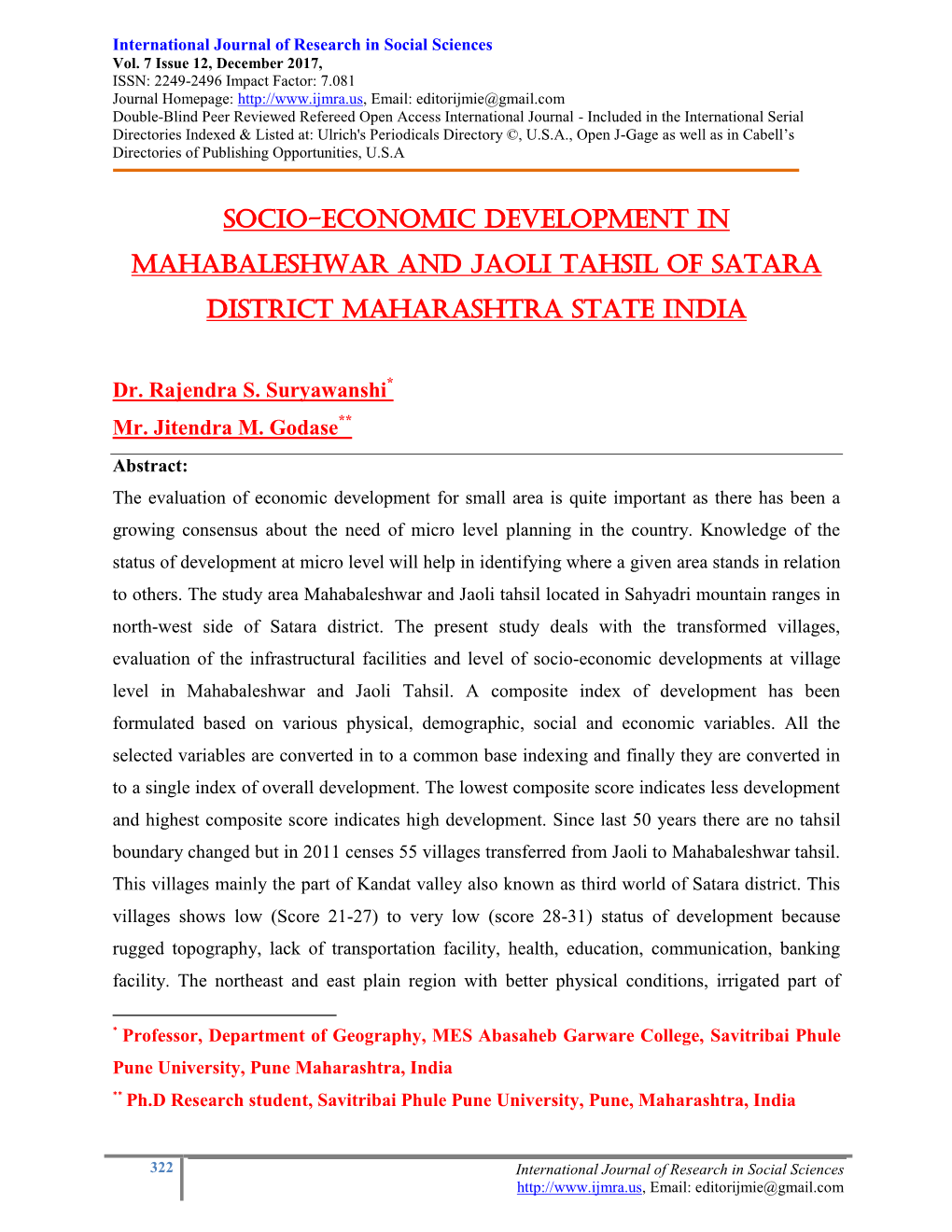 Socio-Economic Development in Mahabaleshwar and Jaoli Tahsil of Satara District Maharashtra State India