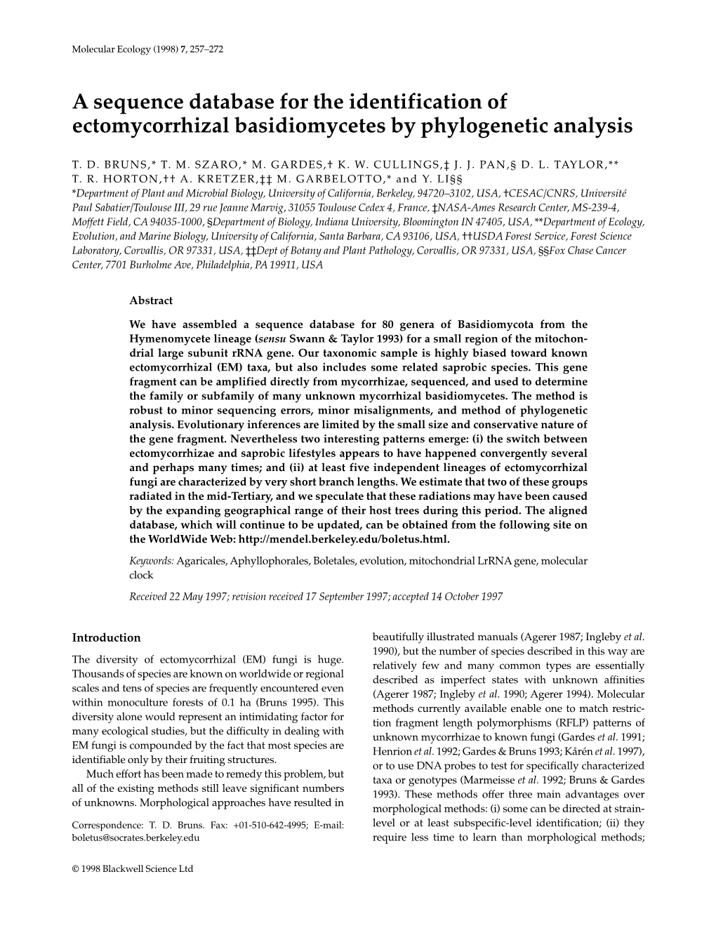 A Sequence Database for the Identification of Ectomycorrhizal Basidiomycetes by Phylogenetic Analysis