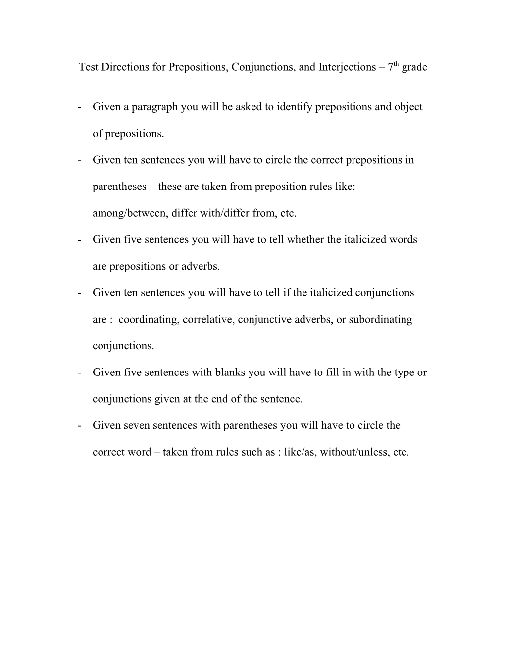 Test Directions for Prepositions, Conjunctions, and Interjections 7Th Grade