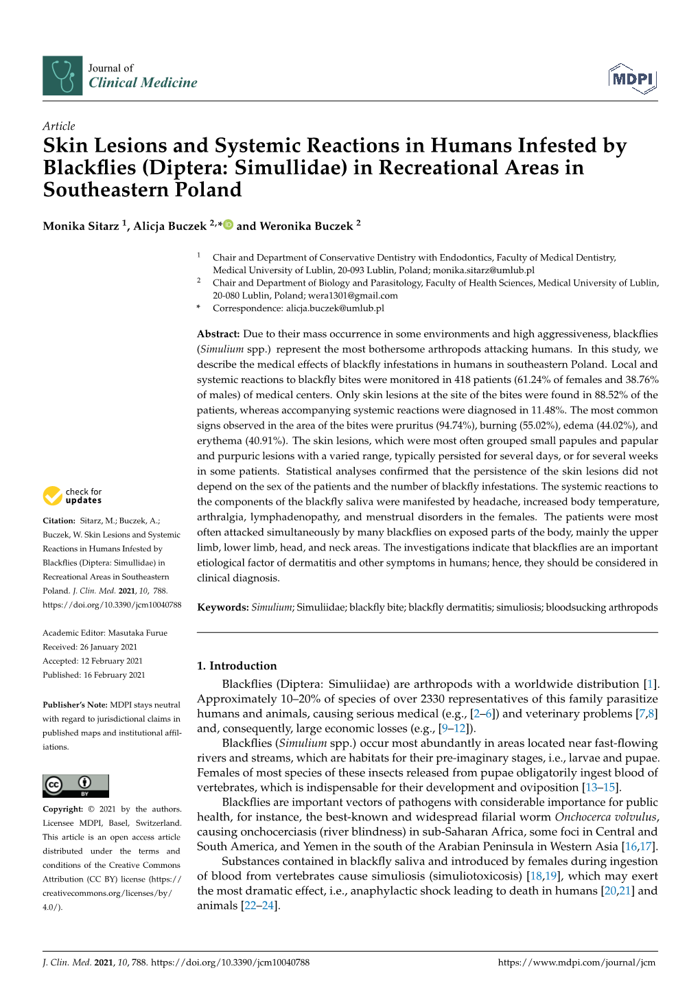 Skin Lesions and Systemic Reactions in Humans Infested by Blackflies