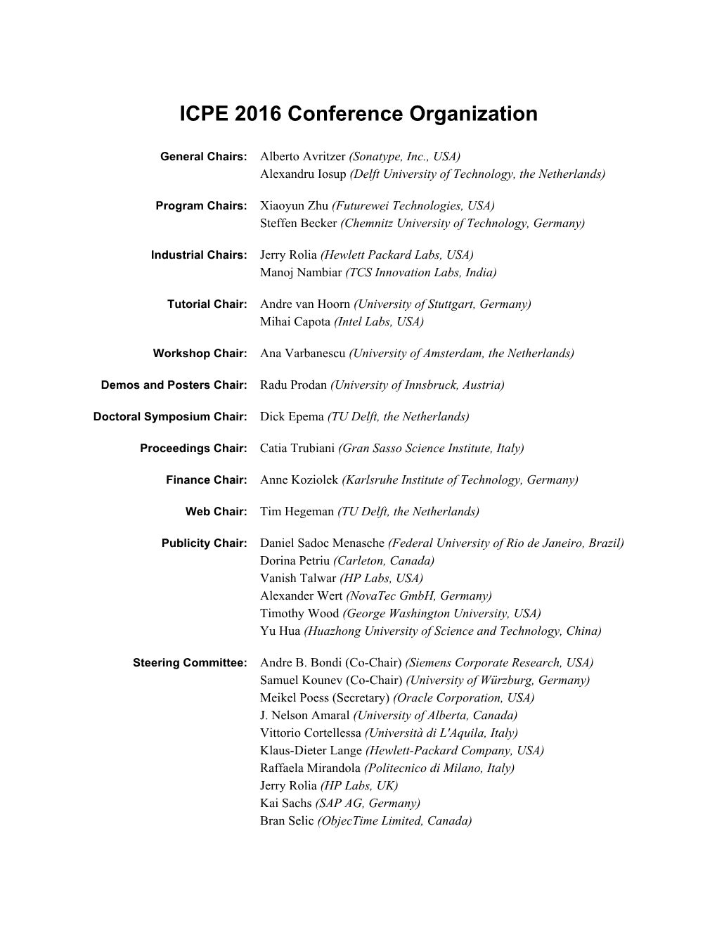 ICPE 2016 Conference Organization