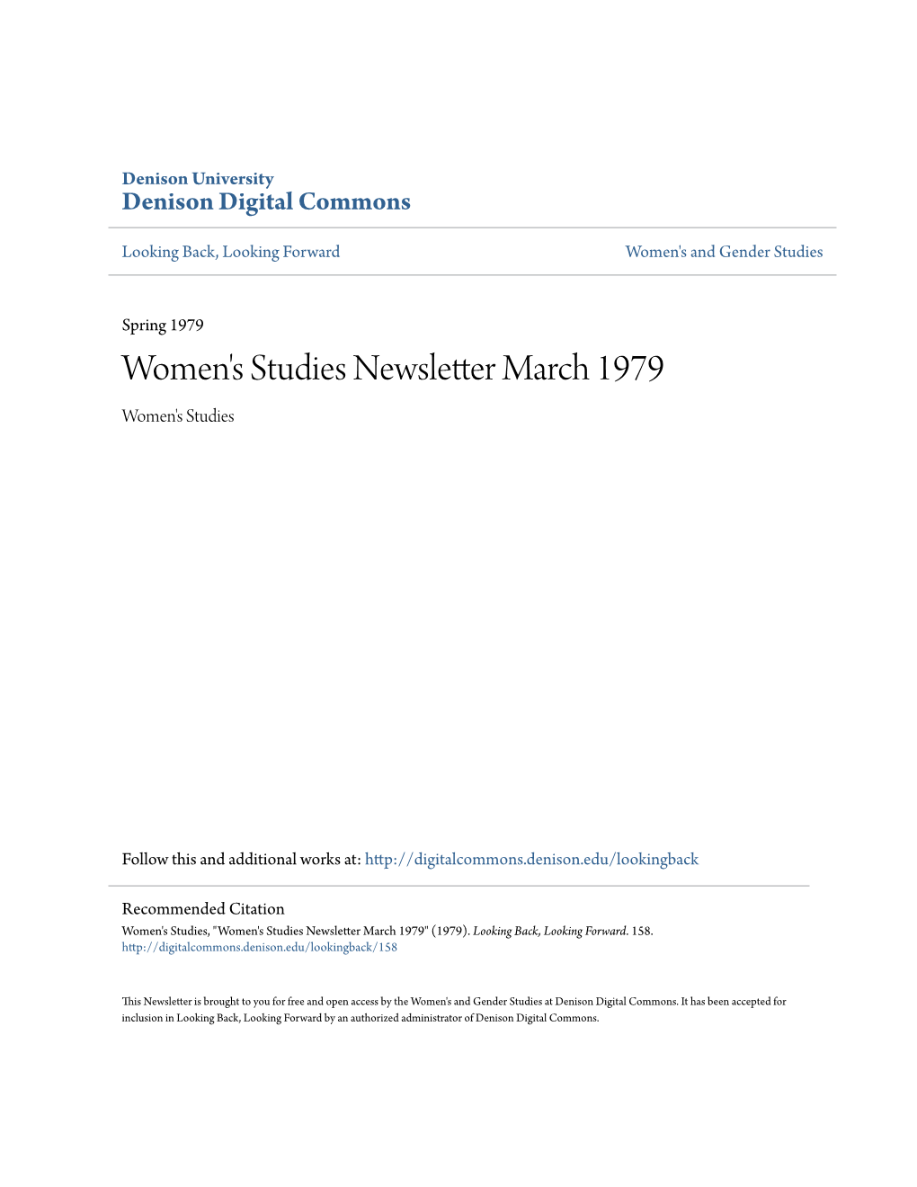 Women's Studies Newsletter March 1979 Women's Studies