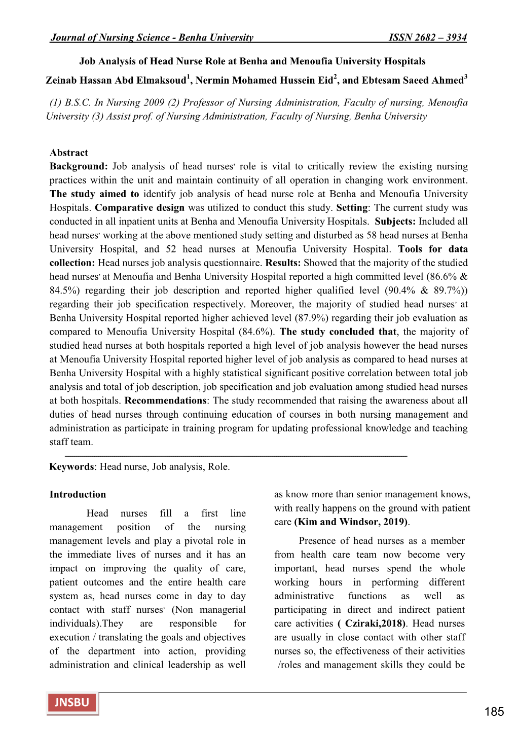 3934 Job Analysis of Head Nurse Role at Benha and Menoufia Unive