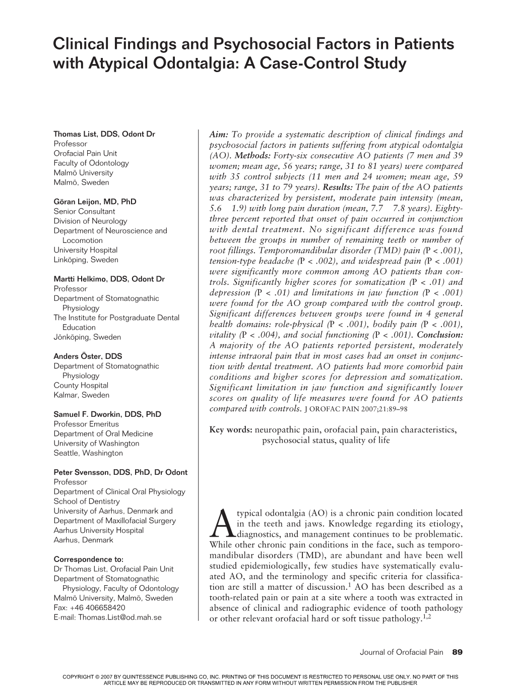 Clinical Findings and Psychosocial Factors in Patients with Atypical Odontalgia: a Case-Control Study