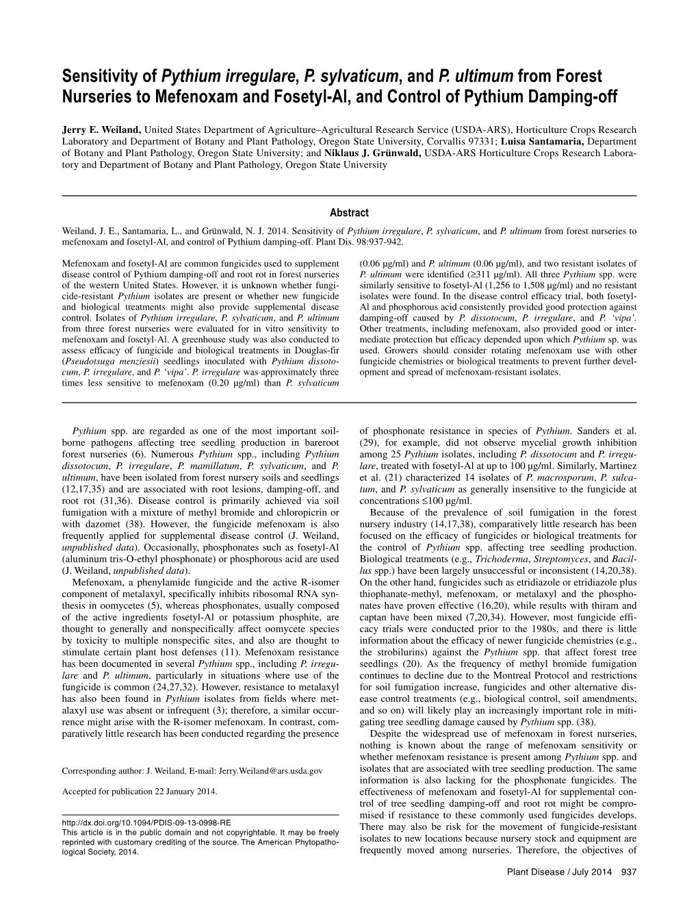 Sensitivity of Pythium Irregulare, P. Sylvaticum, and P. Ultimum from Forest Nurseries to Mefenoxam and Fosetyl-Al, and Control of Pythium Damping-Off