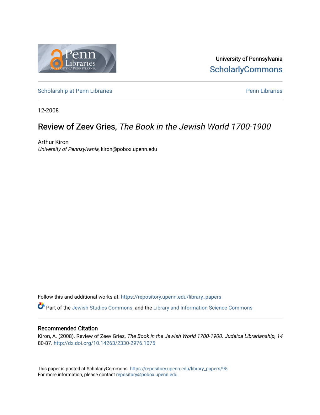 Review of Zeev Gries, the Book in the Jewish World 1700-1900