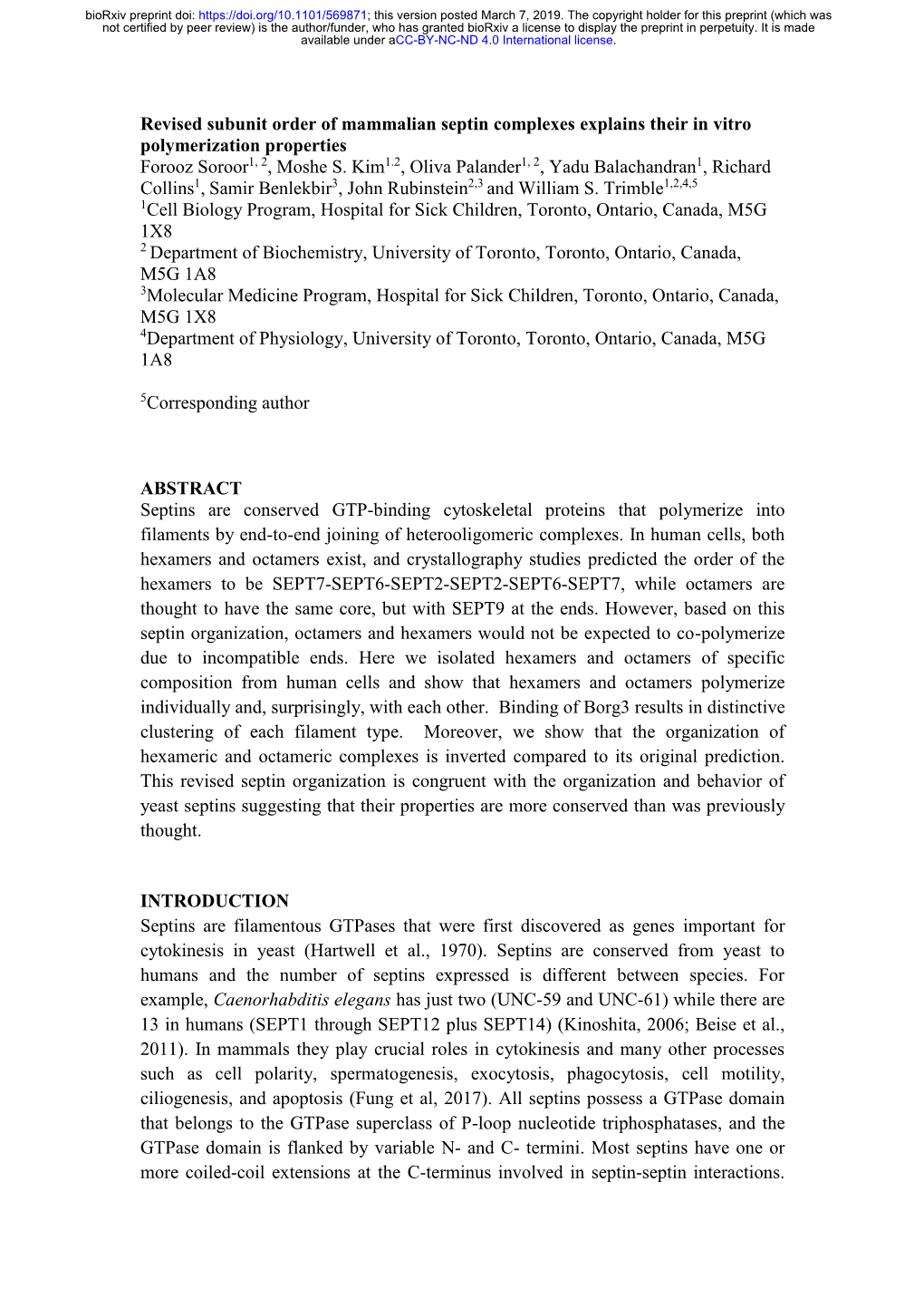 Revised Subunit Order of Mammalian Septin Complexes Explains Their in Vitro Polymerization Properties Forooz Soroor1, 2, Moshe S