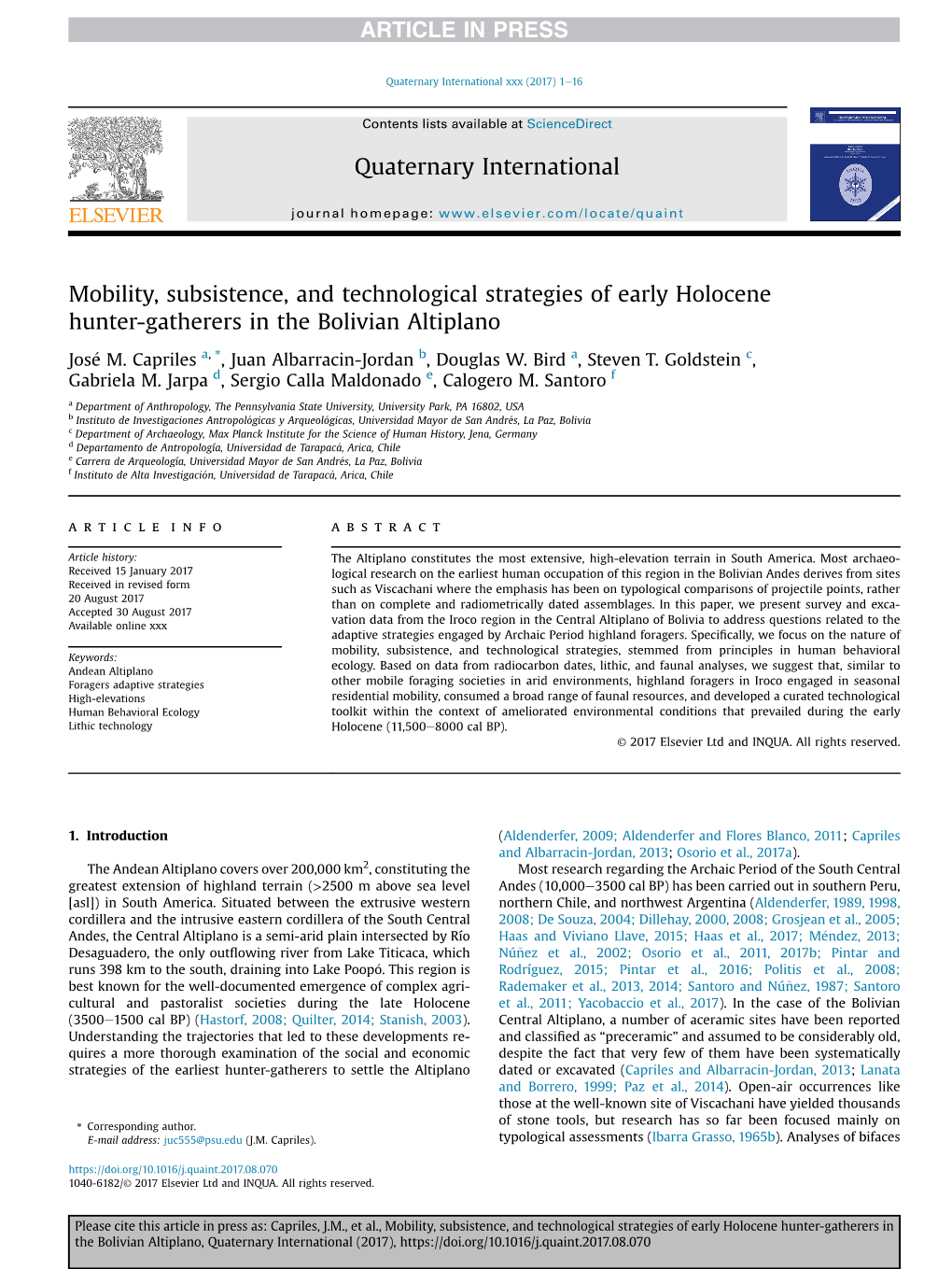 Mobility, Subsistence, and Technological Strategies of Early Holocene Hunter-Gatherers in the Bolivian Altiplano