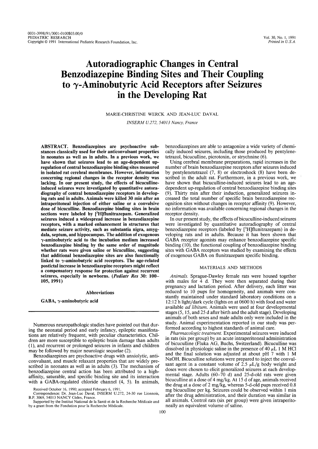 Autoradiographic Changes in Central Benzodiazepine Binding Sites and Their Coupling to Y-Aminobutyric Acid Receptors After Seizures in the Developing Rat