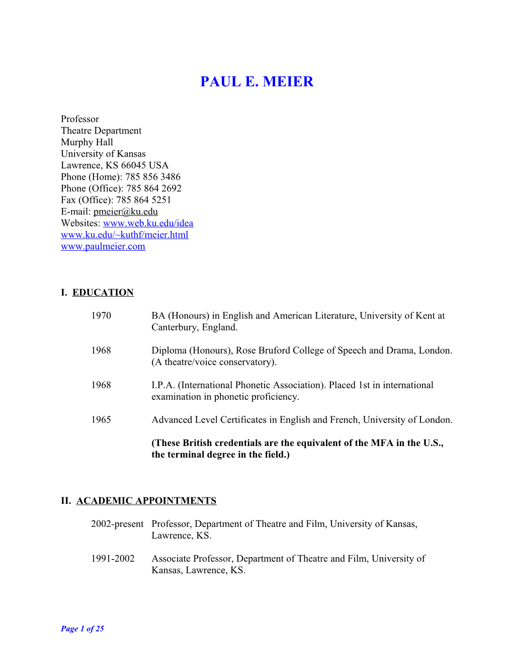 Paul Meier Curriculum Vitae