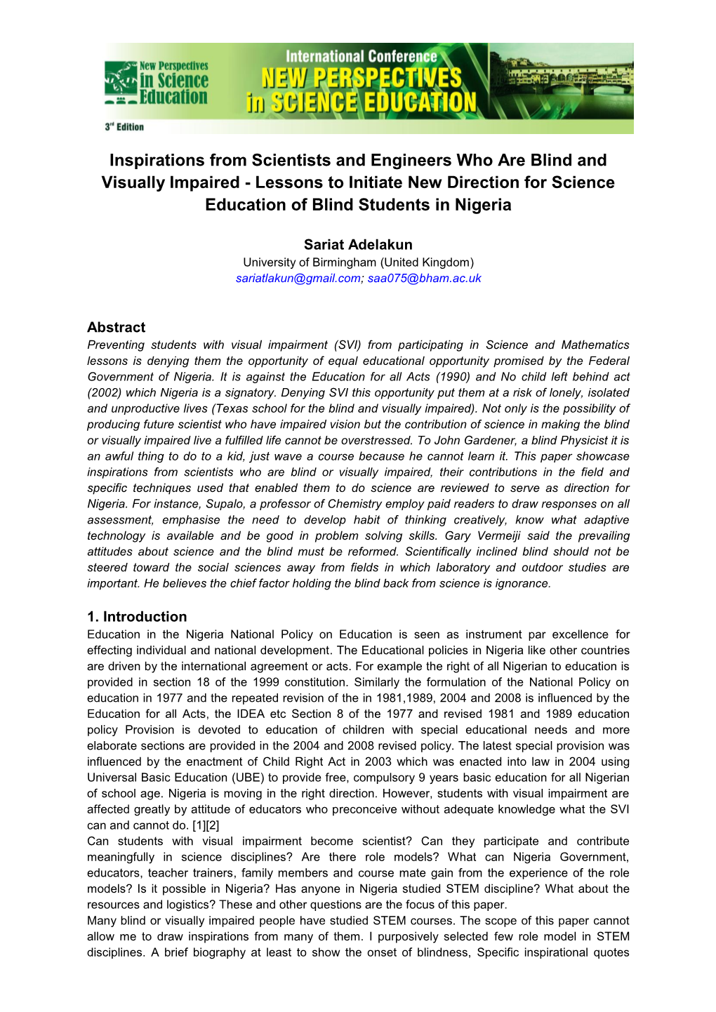 Inspirations from Scientists and Engineers Who Are Blind and Visually Impaired - Lessons to Initiate New Direction for Science Education of Blind Students in Nigeria