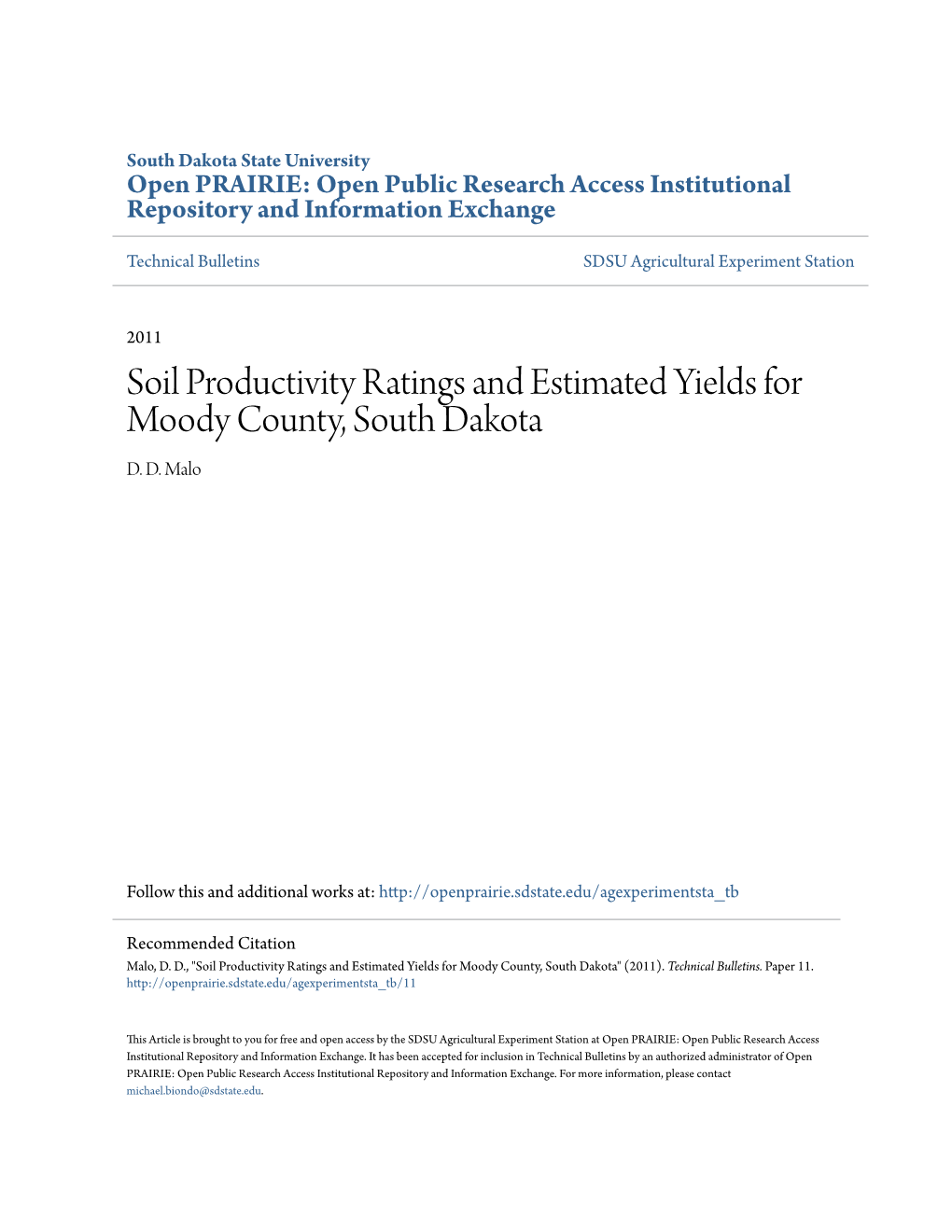 Soil Productivity Ratings and Estimated Yields for Moody County, South Dakota D