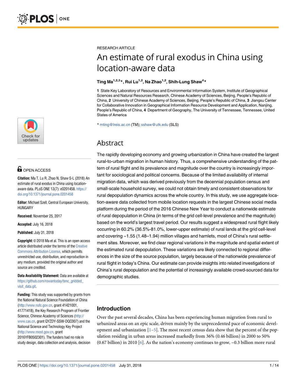 An Estimate of Rural Exodus in China Using Location-Aware Data