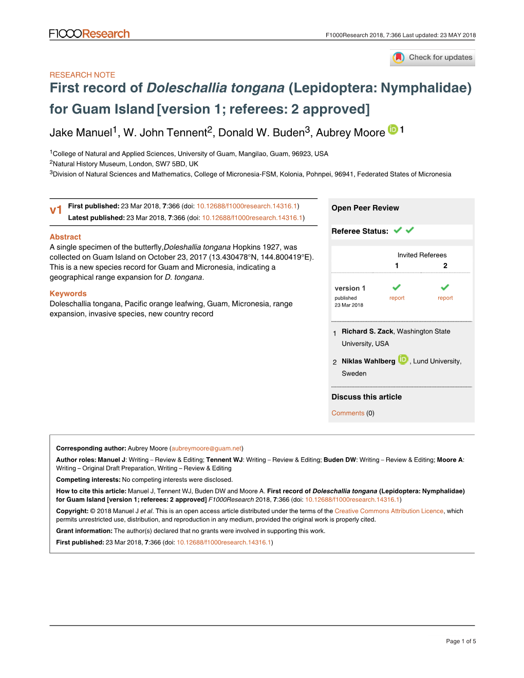 Doleschallia Tongana (Lepidoptera: Nymphalidae) for Guam Island [Version 1; Referees: 2 Approved] Jake Manuel1, W