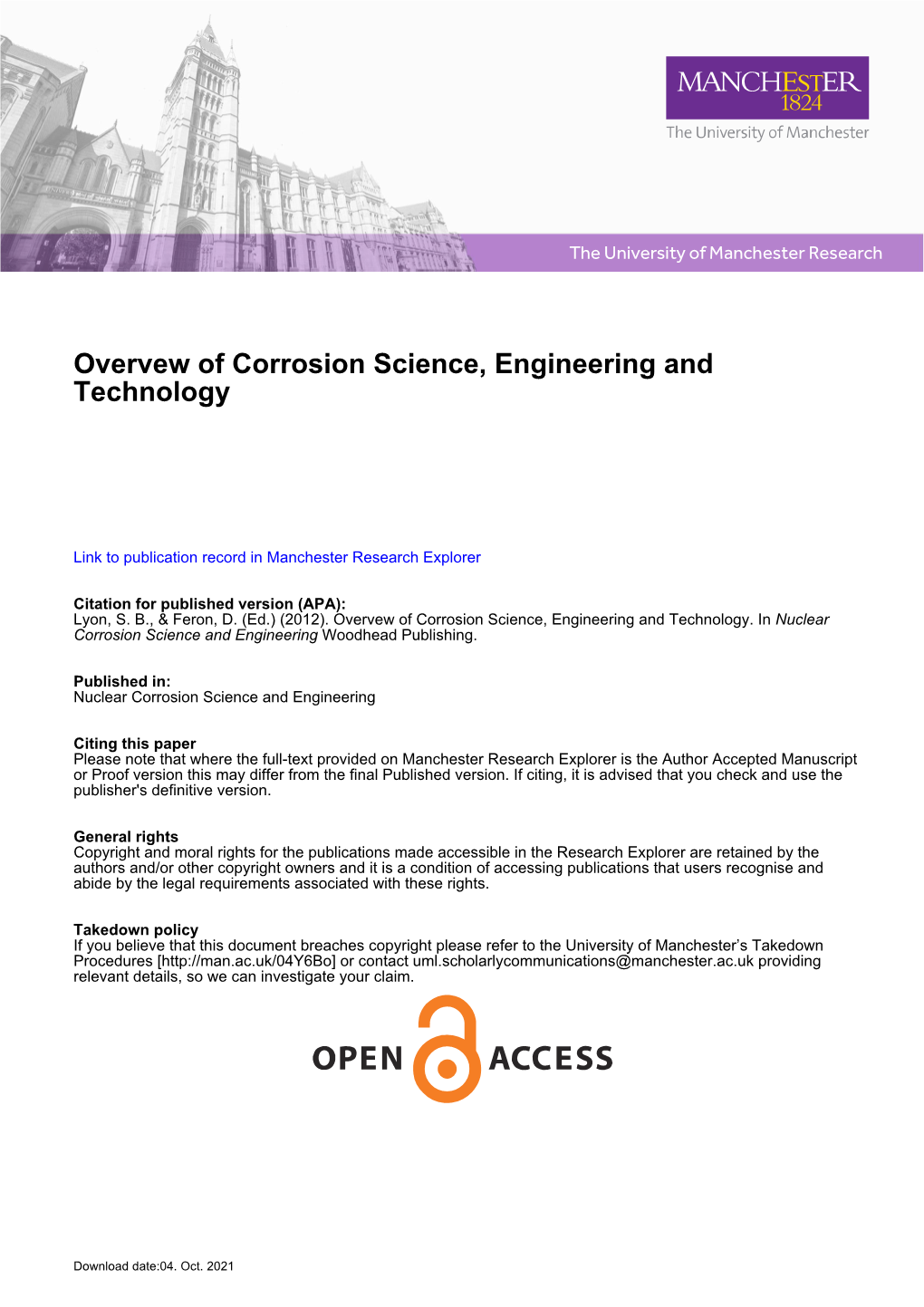 Overvew of Corrosion Science, Engineering and Technology