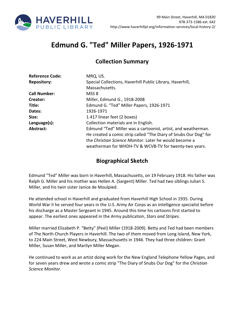 Edmund G. "Ted" Miller Papers, 1926-1971