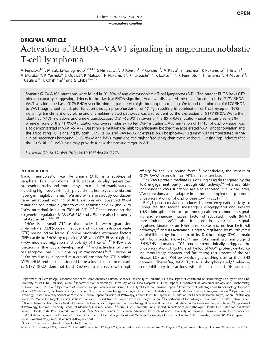 Activation of RHOA–VAV1 Signaling in Angioimmunoblastic T-Cell Lymphoma
