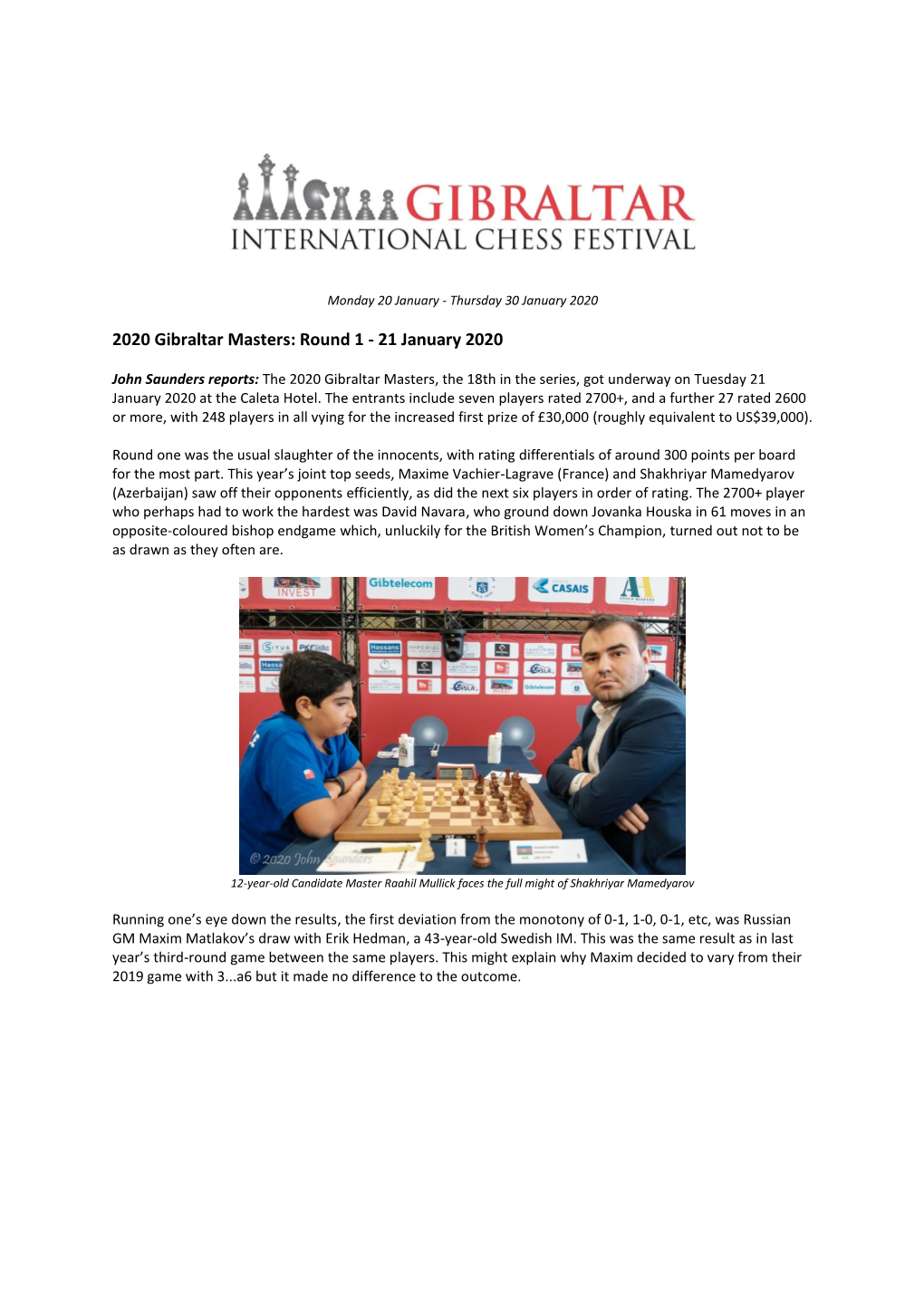 2020 Gibraltar Masters: Round 1 - 21 January 2020