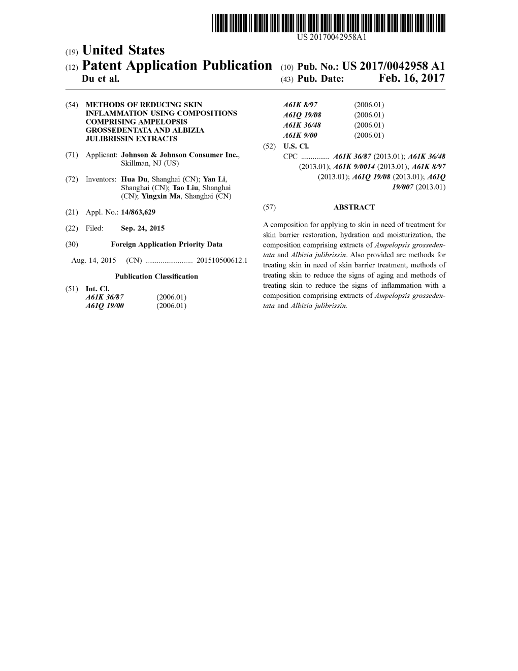 (12) Patent Application Publication (10) Pub. No.: US 2017/0042958 A1 Du Et Al