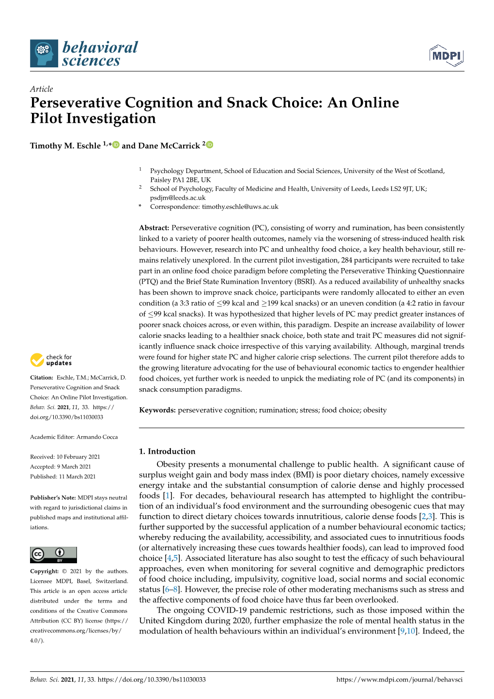 Perseverative Cognition and Snack Choice: an Online Pilot Investigation