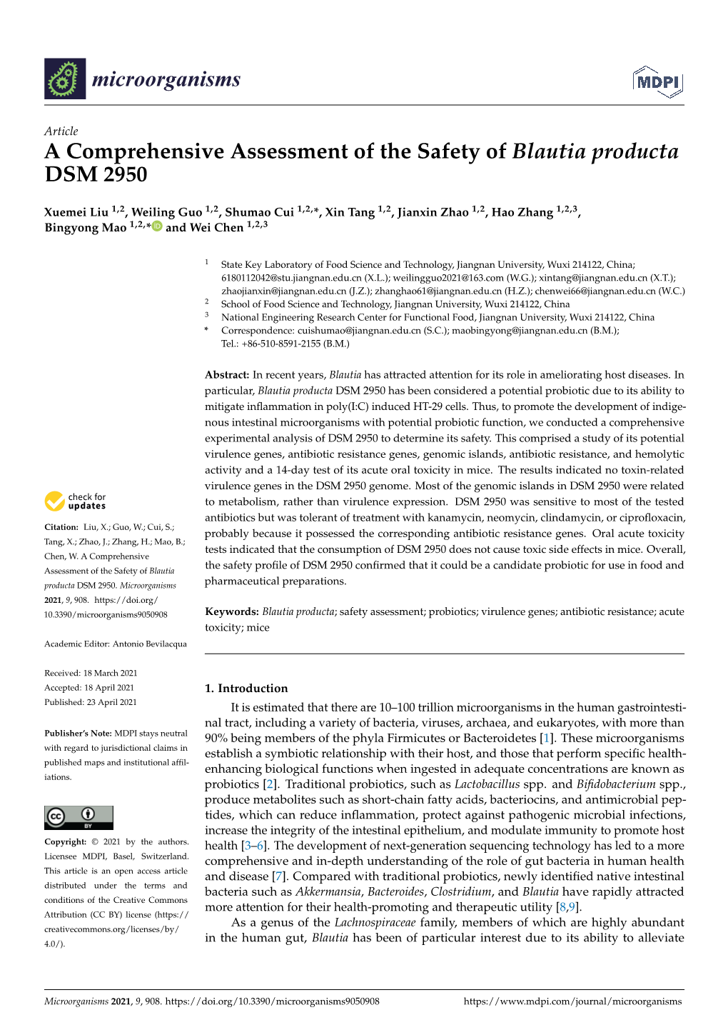 A Comprehensive Assessment of the Safety of Blautia Producta DSM 2950