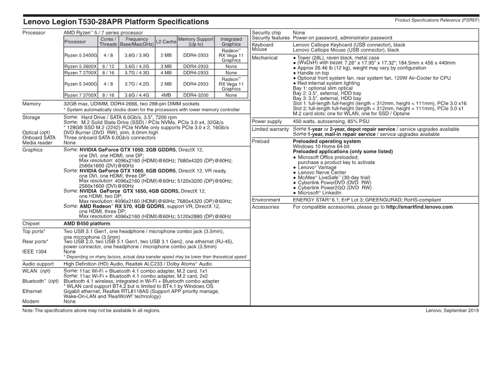 Lenovo Legion T530-28APR Platform Specifications