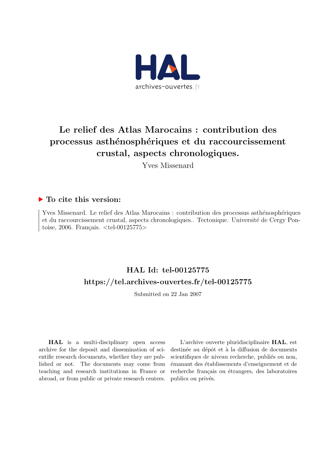 Le Relief Des Atlas Marocains : Contribution Des Processus Asth´Enosph´Eriqueset Du Raccourcissement Crustal, Aspects Chronologiques
