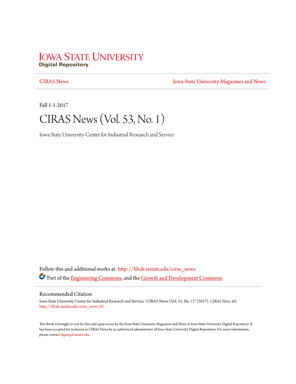 CIRAS News (Vol. 53, No. 1) Iowa State University Center for Industrial Research and Service