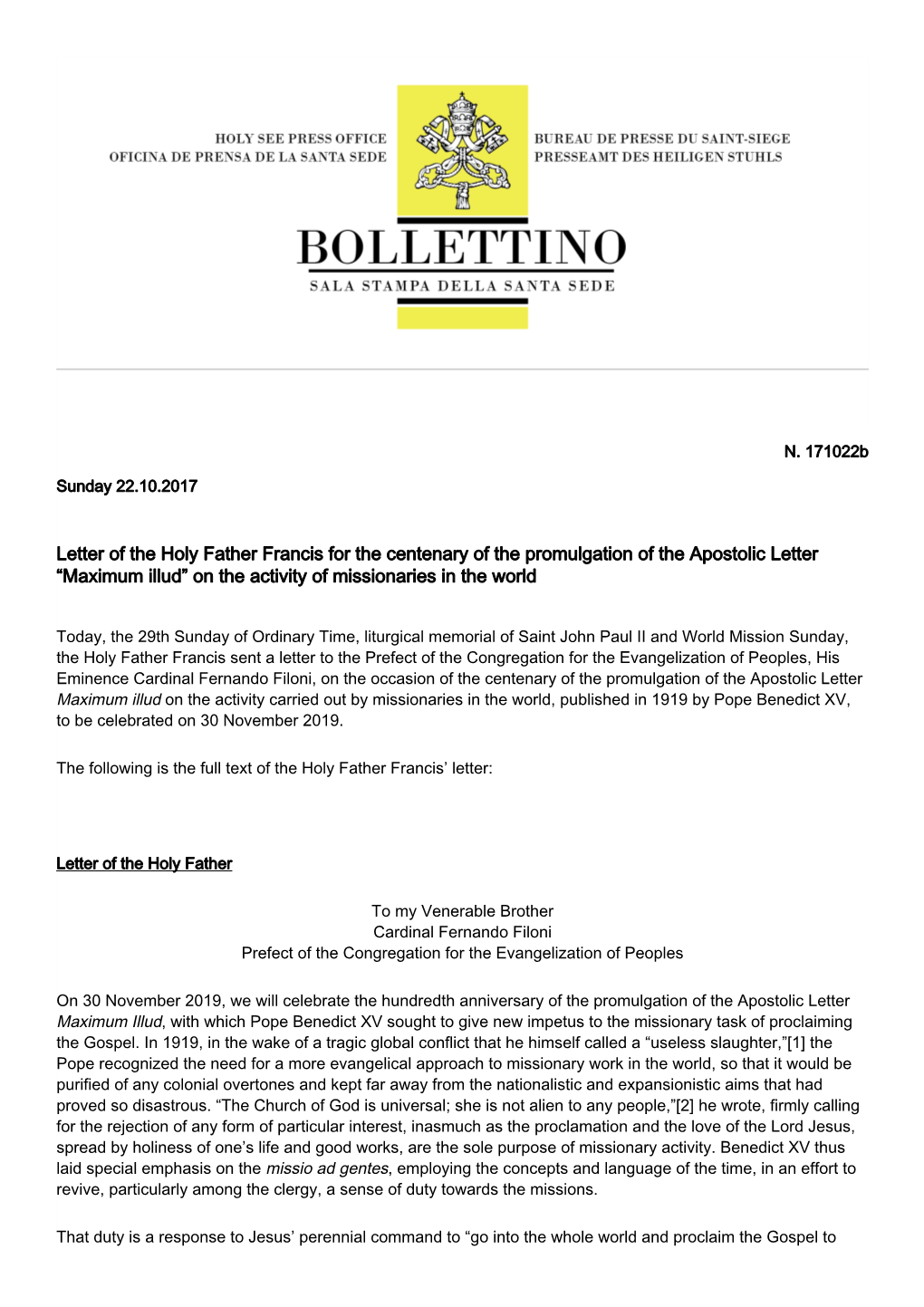 Letter of the Holy Father Francis for the Centenary of the Promulgation of the Apostolic Letter “Maximum Illud” on the Activity of Missionaries in the World