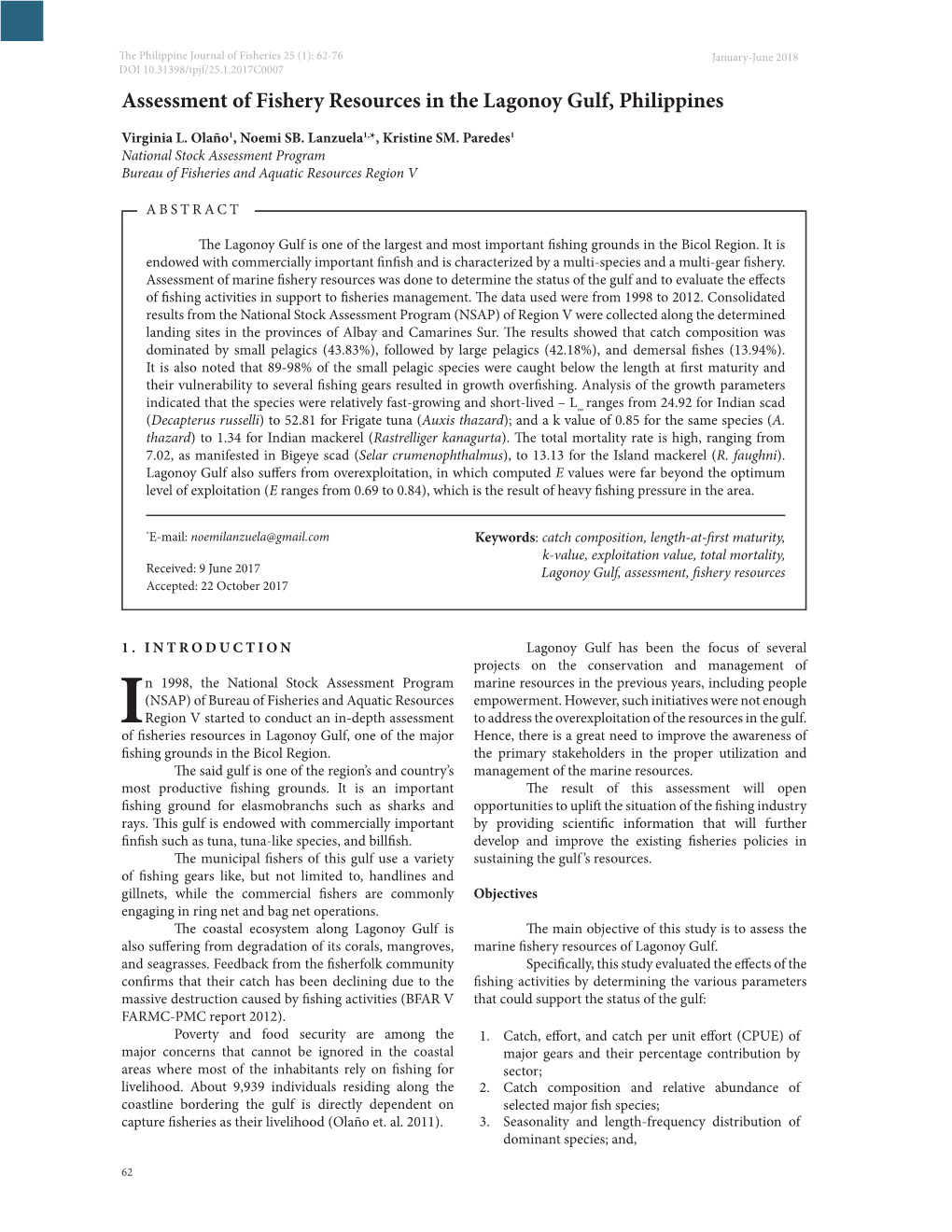 Assessment of Fishery Resources in the Lagonoy Gulf, Philippines