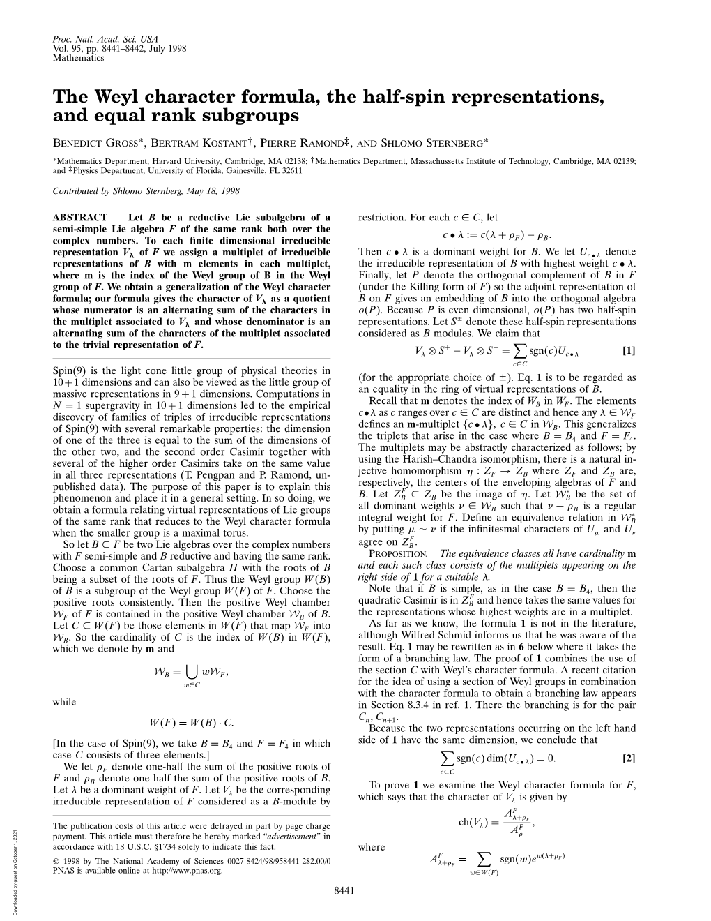 The Weyl Character Formula, the Half-Spin Representations, and Equal Rank Subgroups