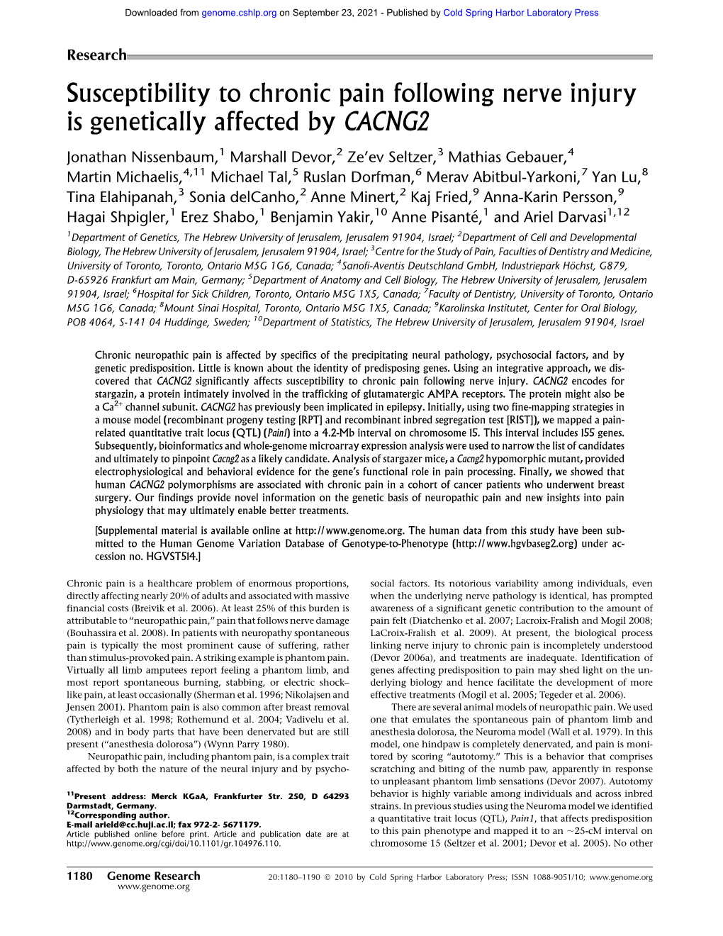 Susceptibility to Chronic Pain Following Nerve Injury Is Genetically Affected by CACNG2