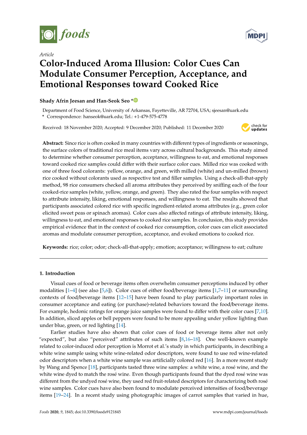 Color Cues Can Modulate Consumer Perception, Acceptance, and Emotional Responses Toward Cooked Rice