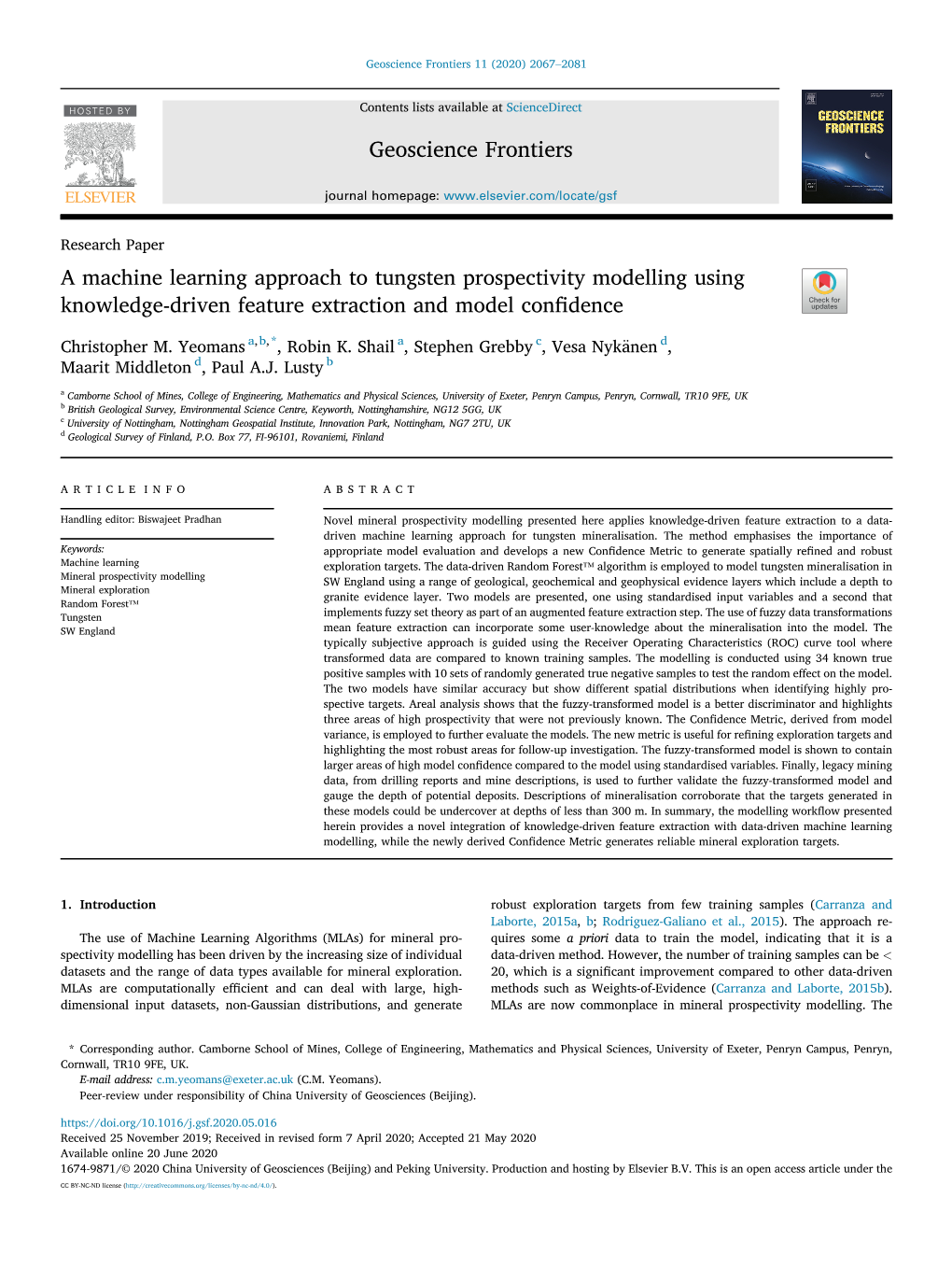 A Machine Learning Approach to Tungsten Prospectivity Modelling Using Knowledge-Driven Feature Extraction and Model Confidence