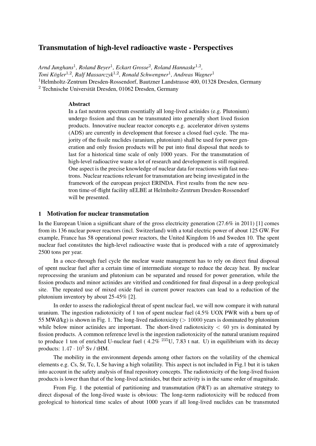 Transmutation of High-Level Radioactive Waste - Perspectives