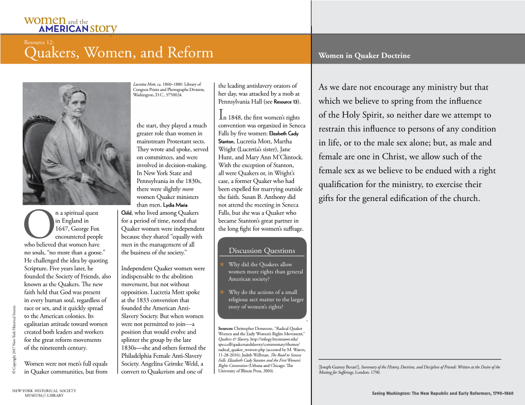 Quakers, Women, and Reform Women in Quaker Doctrine